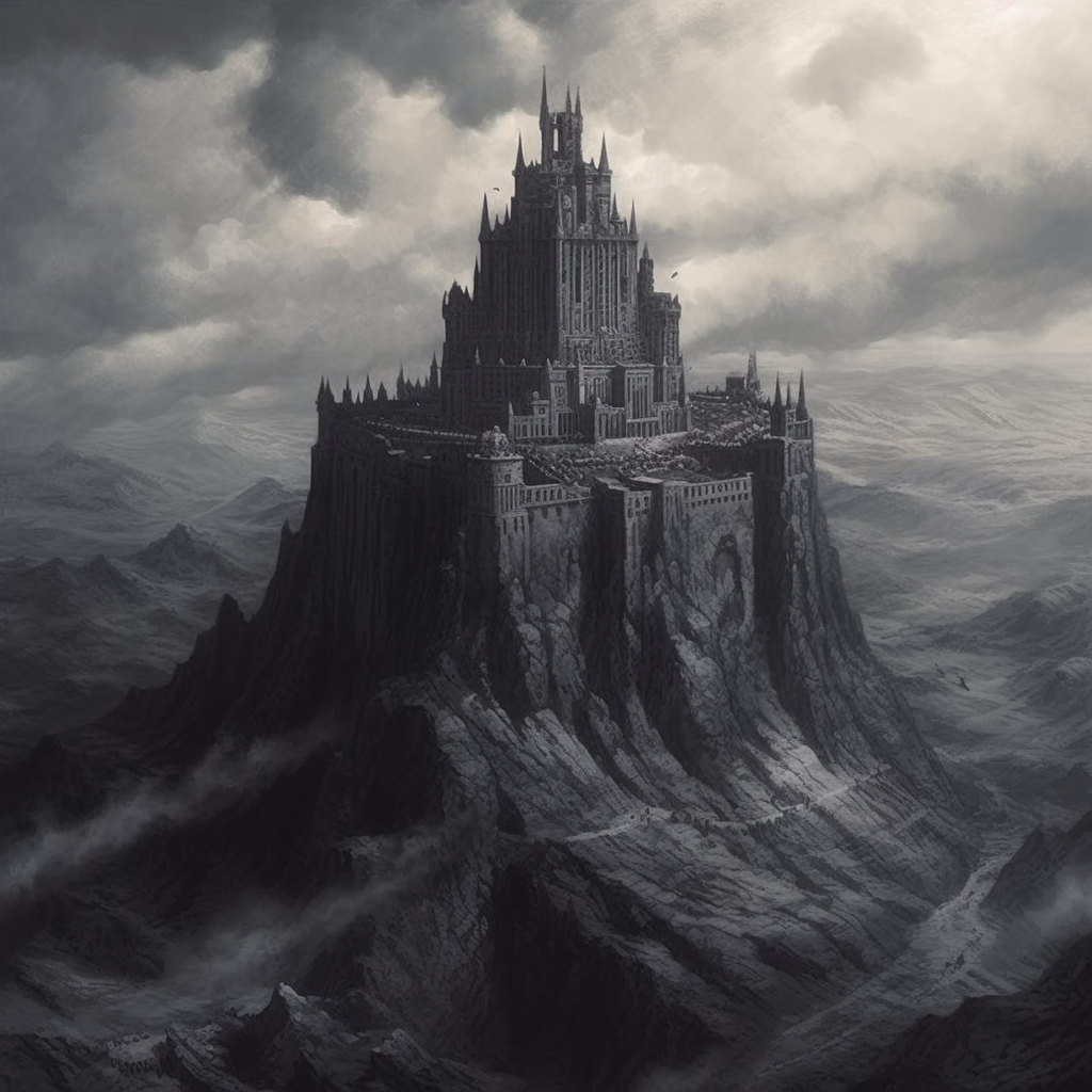 An AI imagined vision of the fortress of Svadinhlid from The Hand of Fire