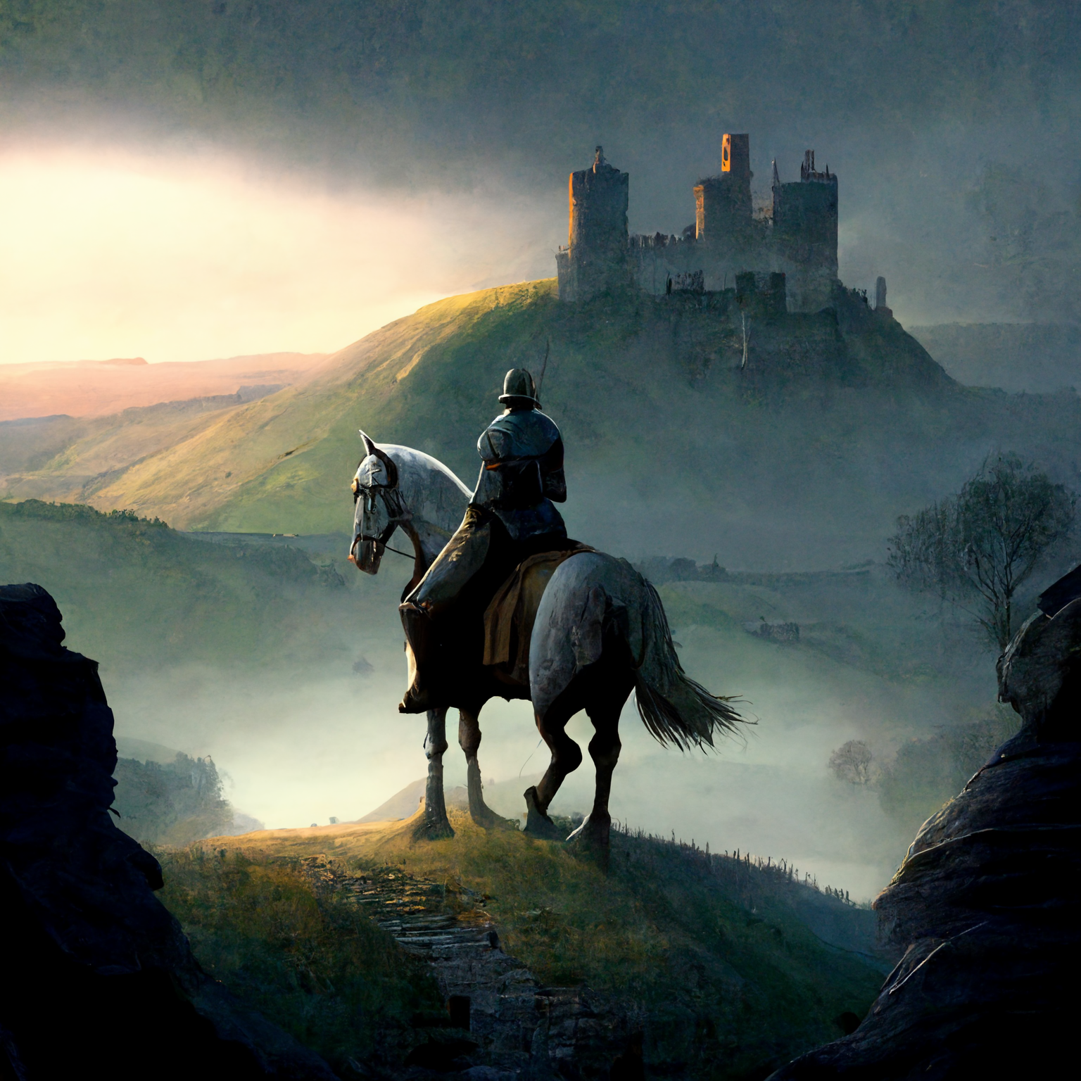 An image depicting the first paragraph of The Hand of Fire, a rider looking over a valley to a castle