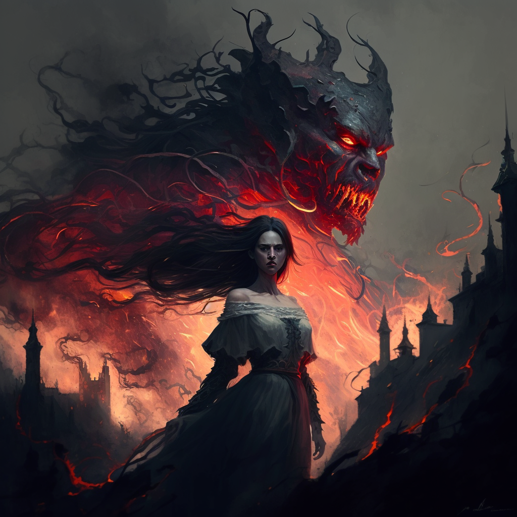An AI generated image of the siege of Lledon Dun from The Hand of Fire - a sorceress stands before her demonic creation
