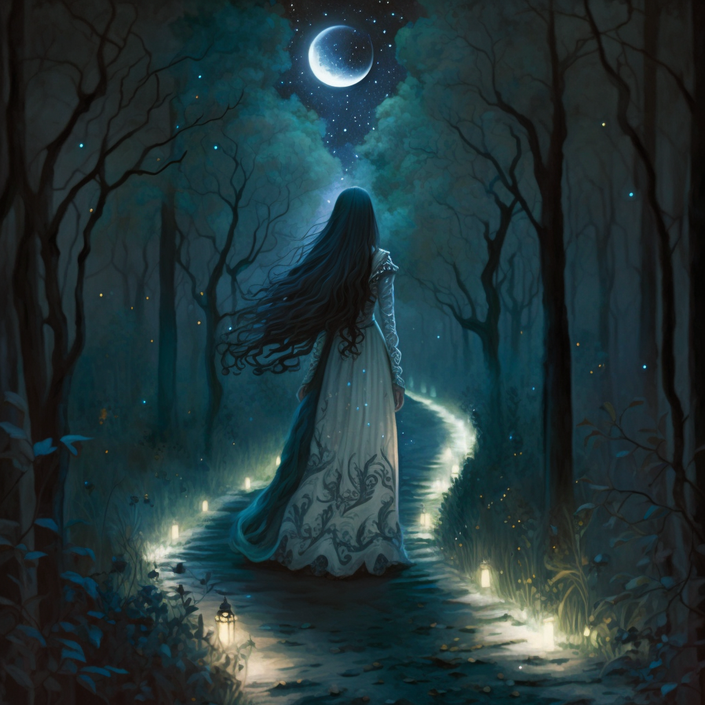 An AI image of a woman walking through a forest towards the moon