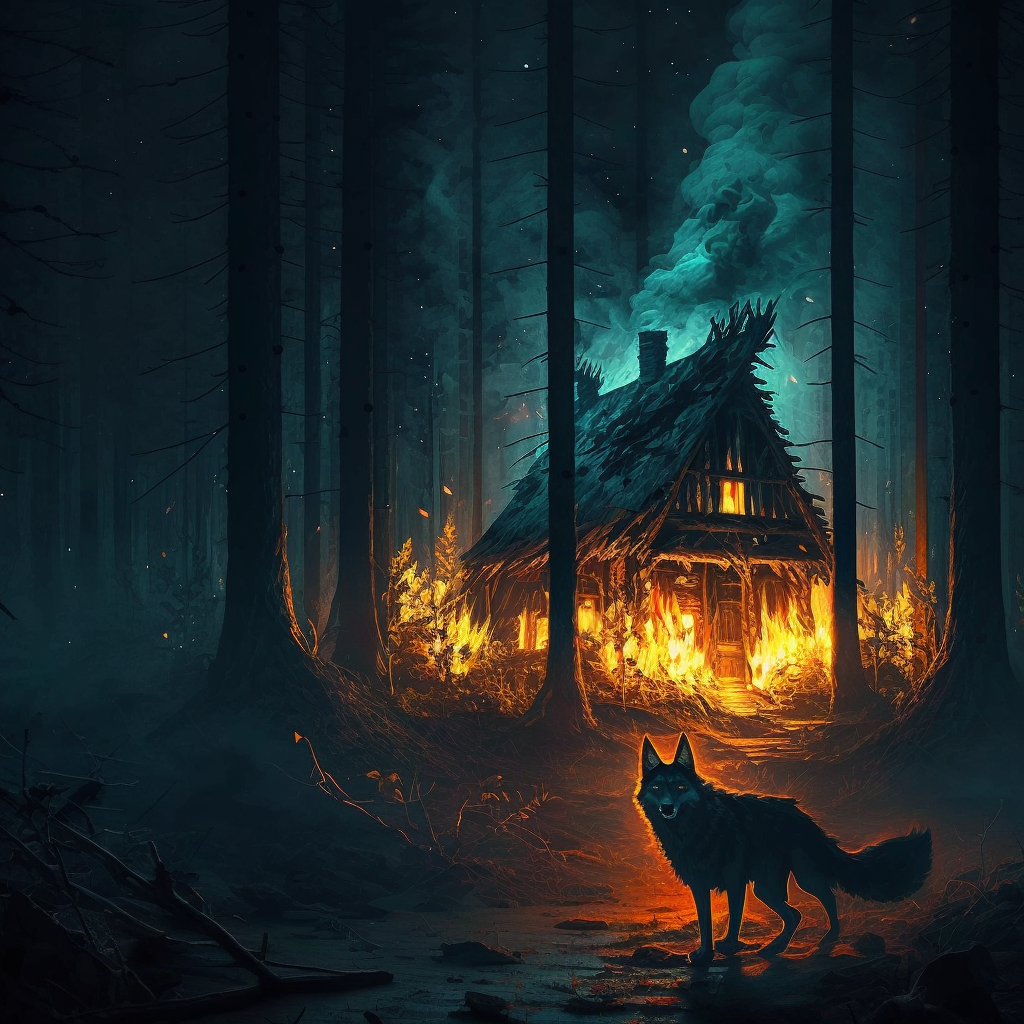 An AI created image of a demon wolf before a burning hut in the forest. From The Hand of Fire.